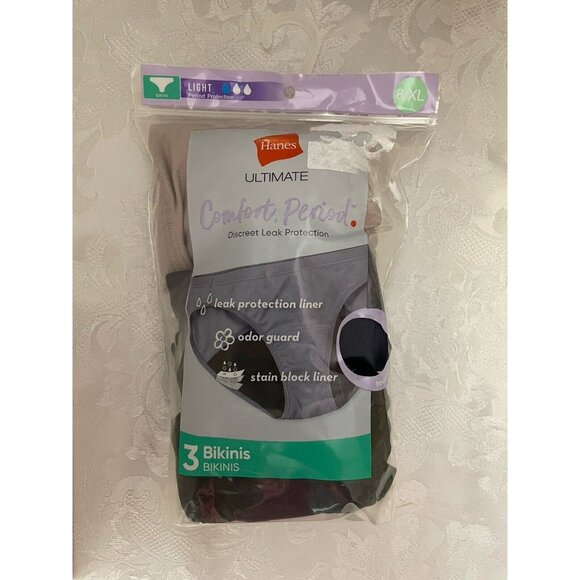 Hanes Ultimate‎ BIKINIS Light Comfort Period Protection 3-Pack Panties Size 8/XL - Picture 1 of 8